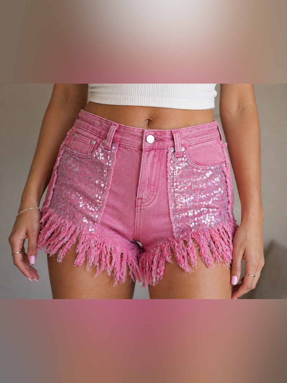 POL Pink Sequin Fringe Denim Shorts
